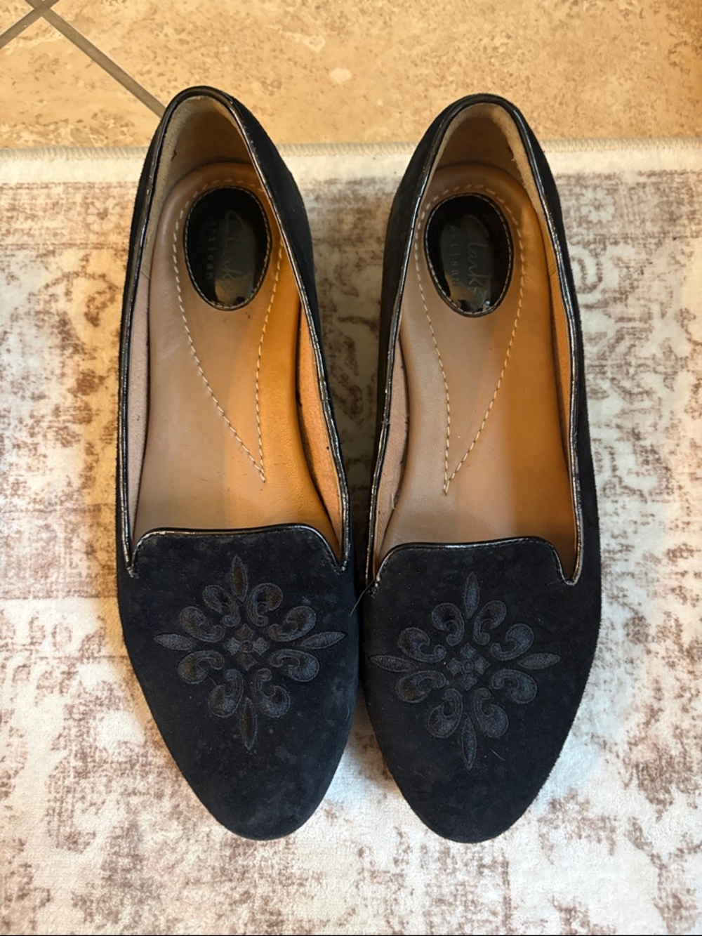 Clarks Black Suede Embroidered Slip-On Loafers